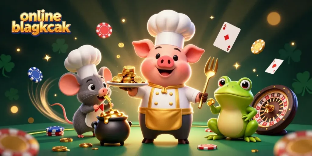 Engaging scene with online blackjack elements featuring a chef pig, tasting mouse, and critic frog, vibrant casino atmosphere.