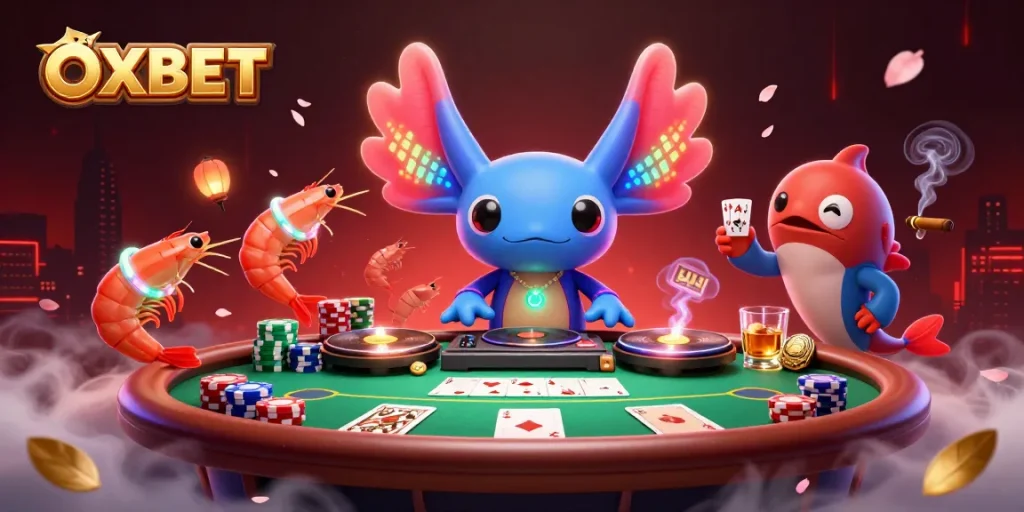 Experience OXBET's vibrant casino scene with a DJ axolotl and energetic shrimp dancers.