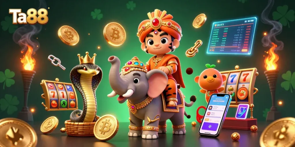 Experience Ta88 with an exciting scene of a tiger, elephant, and cobra in a vibrant casino atmosphere.