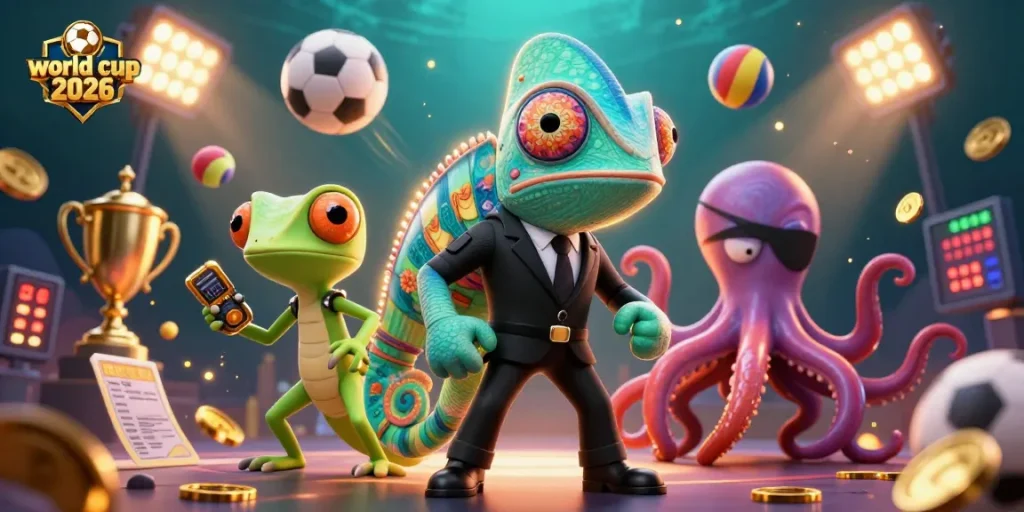 Engage with the world cup 2026 excitement through sports betting in a vibrant casino-themed illustration.