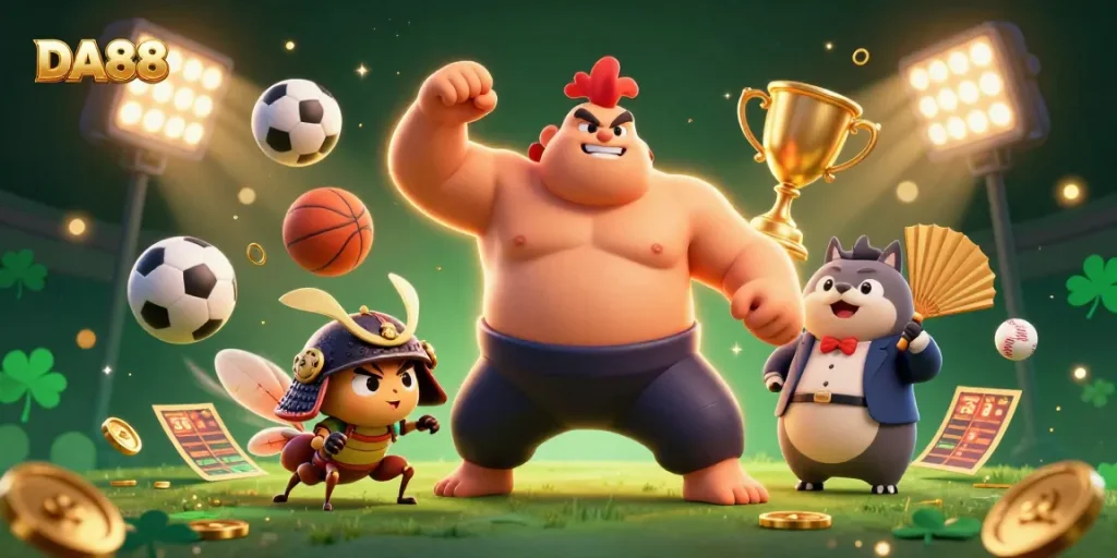 Engage in thrilling betting at DA88 with a dynamic scene featuring a sumo wrestler, a cricket, and a tanuki.