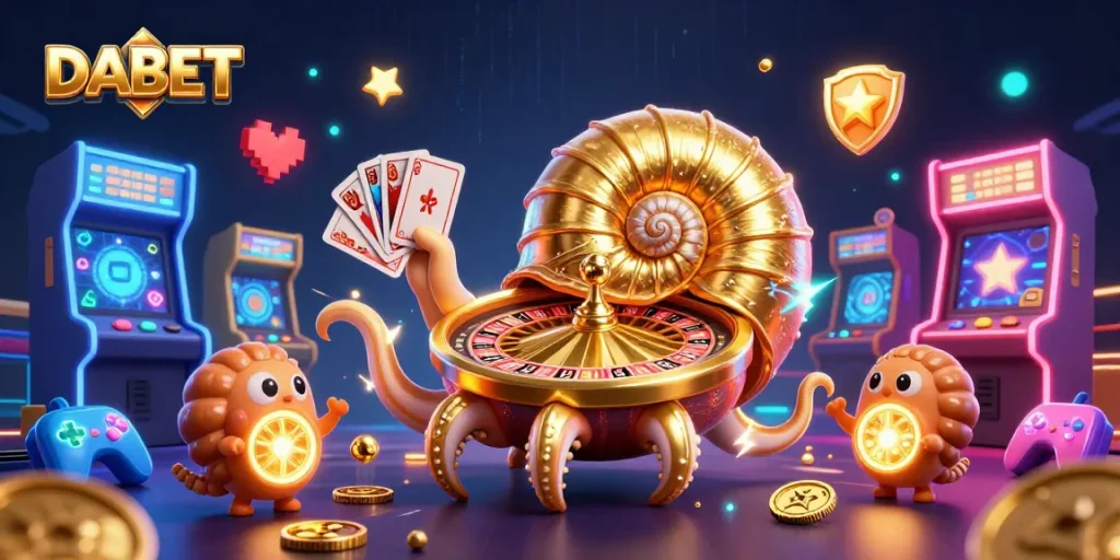 Experience the excitement of DABET with a vibrant 3D casino illustration showcasing a colossal nautilus and gaming elements.